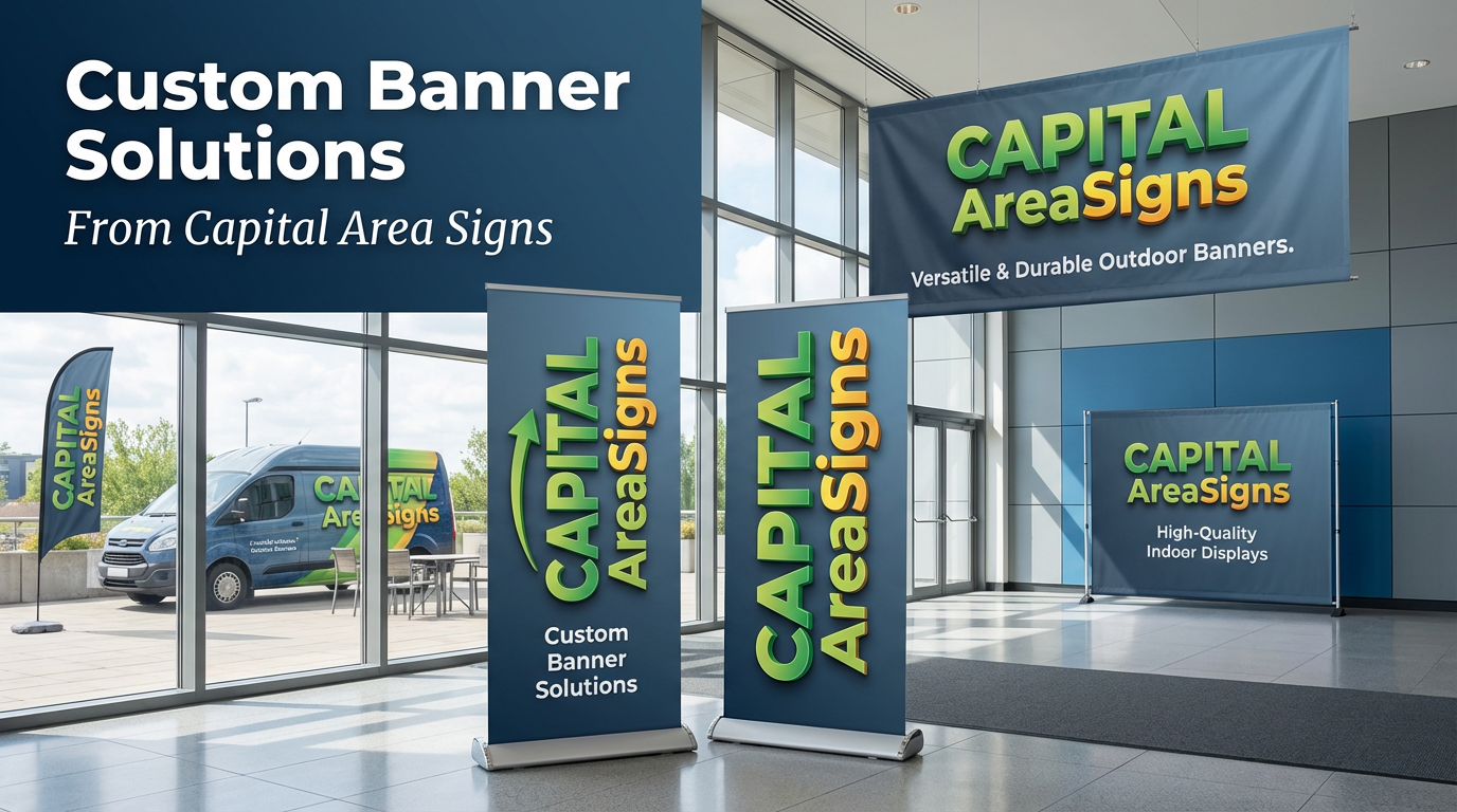Professional product photography showcasing custom banner solutions by Capital Area Signs. Features multiple custom banners of different types - roll-up banners banners, and hanging banners - displaying the Capital Area Signs logo with green and yellow gradient 3D effects. The banners are shown in various settings demonstrating versatility. Text reads "Custom Banner Solutions" and "From Capital Area Signs." High-quality product photography showcasing professional banner manufacturing and outdoor advertising services in Austin, Texas.