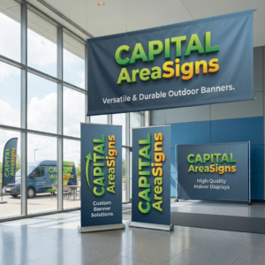 Professional product photography showcasing custom banner solutions by Capital Area Signs. Features multiple custom banners of different types - roll-up banners banners, and hanging banners - displaying the Capital Area Signs logo with green and yellow gradient 3D effects. The banners are shown in various settings demonstrating versatility. Text reads "Custom Banner Solutions" and "From Capital Area Signs." High-quality product photography showcasing professional banner manufacturing and outdoor advertising services in Austin, Texas.