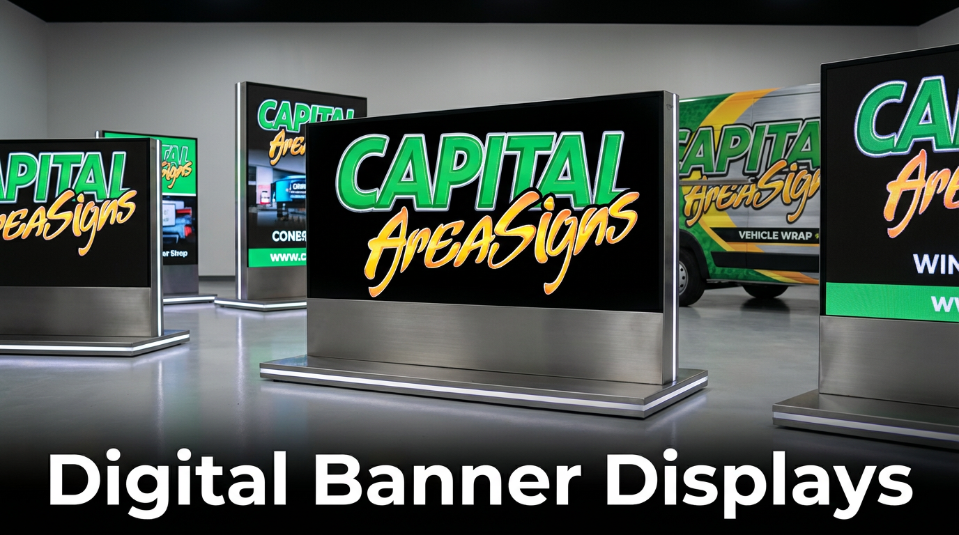 Professional product photography showcasing digital banner displays by Capital Area Signs. Features modern digital signage units with LED screens displaying the Capital Area Signs logo with green and yellow gradient effects. The digital displays are shown in a professional setting demonstrating cutting-edge technology. Text reads "Digital Banner Displays." High-quality product photography showcasing professional digital signage and outdoor advertising services in Austin, Texas.