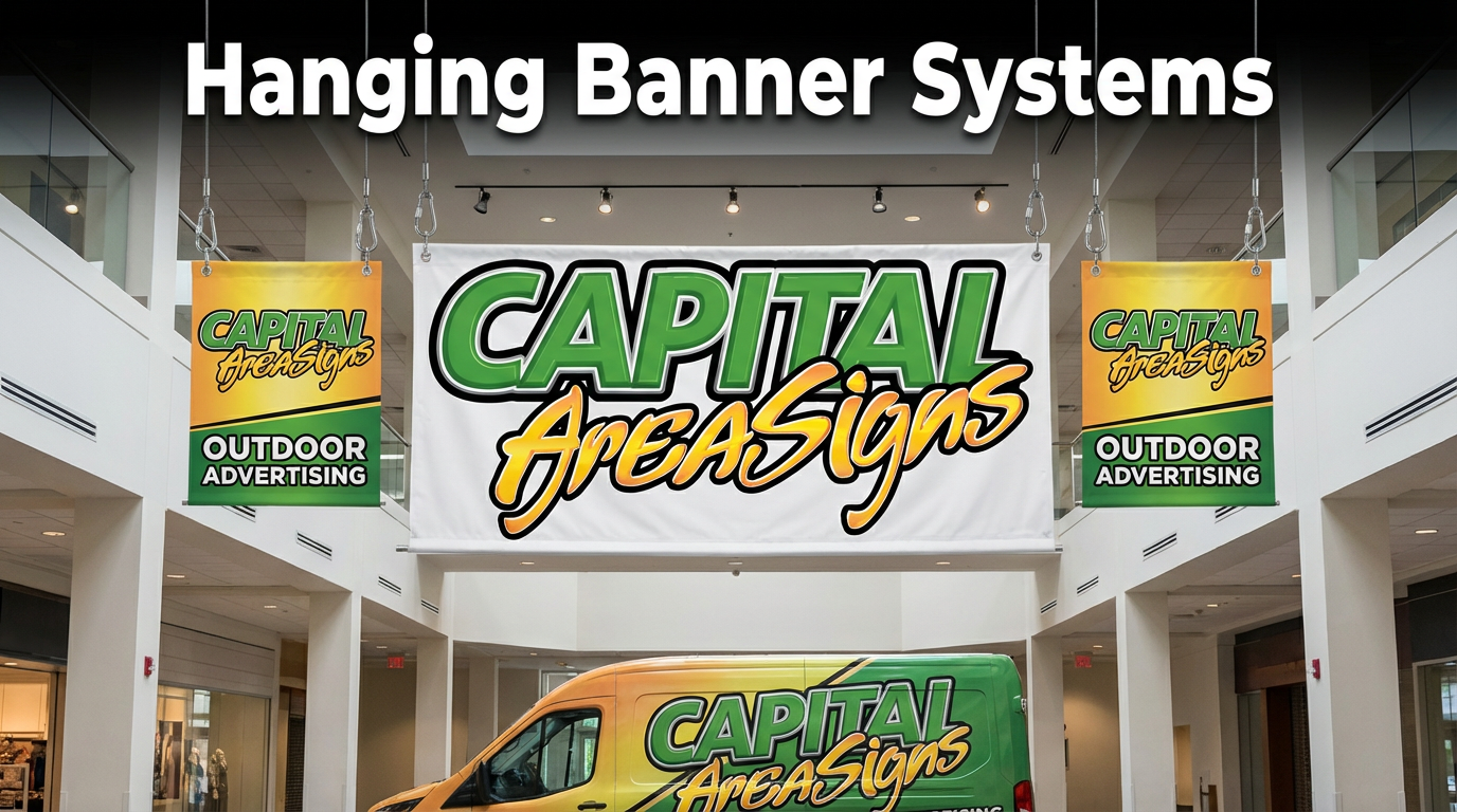 Professional product photography showcasing hanging banner systems by Capital Area Signs. Features multiple hanging banners suspended in a commercial space, displaying the Capital Area Signs logo with green and yellow gradient 3D effects. The banners are shown in different sizes creating visual impact. Text reads "Hanging Banner Systems." High-quality product photography showcasing professional hanging banner manufacturing and outdoor advertising services in Austin, Texas.