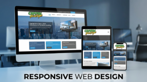 Professional marketing image showcasing responsive web design capabilities by Capital Area Signs. Features three screens displaying the same website at different sizes - desktop, tablet, and mobile. The Capital Area Signs logo is consistently displayed across all device sizes. Clean modern layout demonstrating cross-platform compatibility. Text reads "Responsive Web Design." High-quality marketing photography showcasing professional responsive web design services in Austin, Texas.