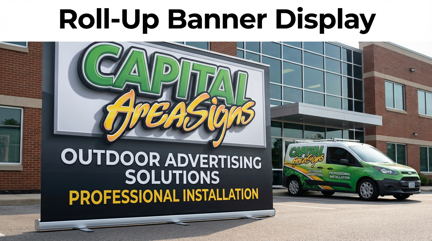 Professional product photography showcasing roll-up banner display by Capital Area Signs. Features a large roll-up banner mounted on a stand, displaying the Capital Area Signs logo with green and yellow gradient 3D effects. The banner is shown in an outdoor location demonstrating professional installation. Text reads "Roll-Up Banner Display." High-quality product photography showcasing professional roll-up banner manufacturing and outdoor advertising services in Austin, Texas.