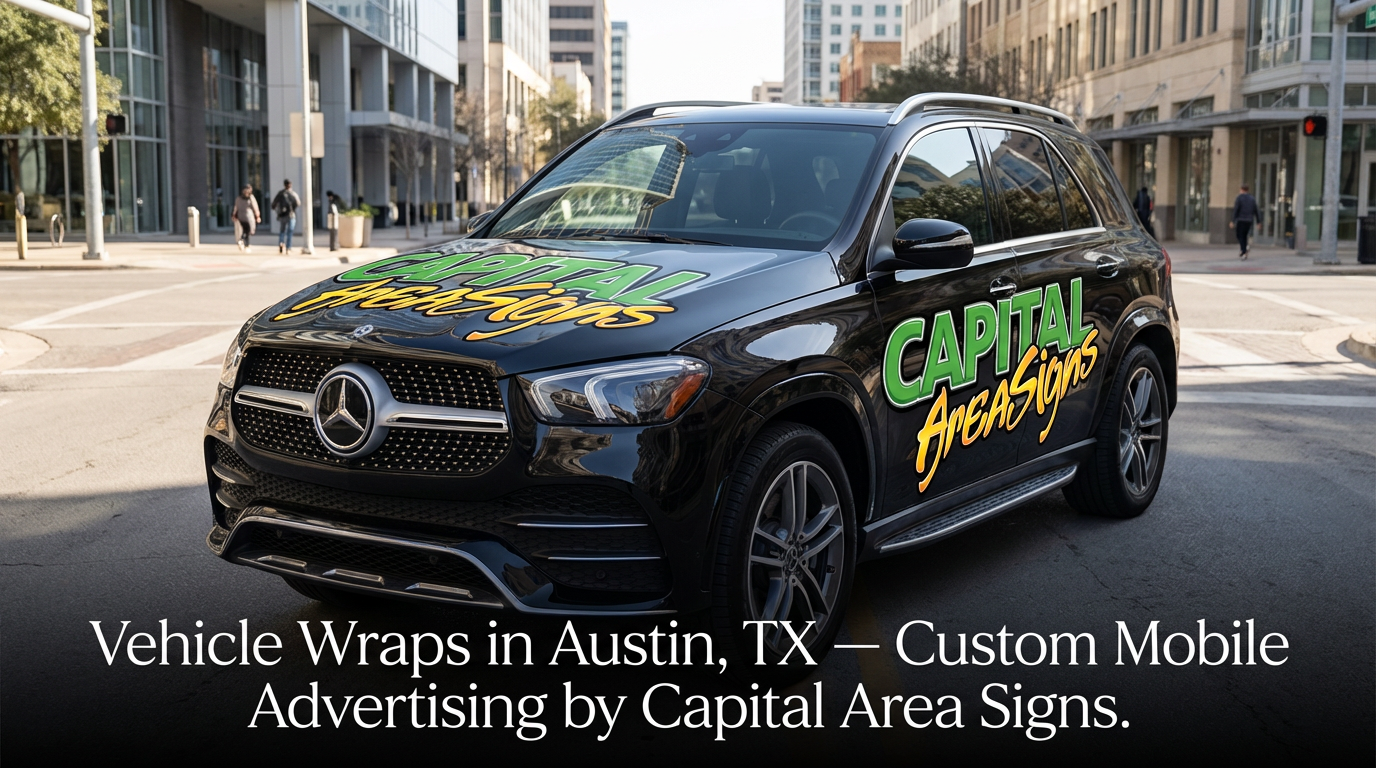 Professional product photography of a black Mercedes-Benz GLE-Class SUV featuring custom vehicle wraps with the Capital Area Signs logo. The wrap displays "CAPITAL" in bold green uppercase letters and "AreaSigns" in golden-yellow script font on the hood and front passenger side. The vehicle is positioned at a slight angle in a bright, sunny urban environment with modern glass high-rise buildings, crosswalk, and traffic light. Sharp focus on the wrapped SUV with a softly blurred busy city background. Dark semi-transparent overlay at bottom with white text reading "Vehicle Wraps in Austin, TX – Custom Mobile Advertising by Capital Area Signs." High-quality commercial automotive photography showcasing luxury vehicle wrap services in Austin, Texas.