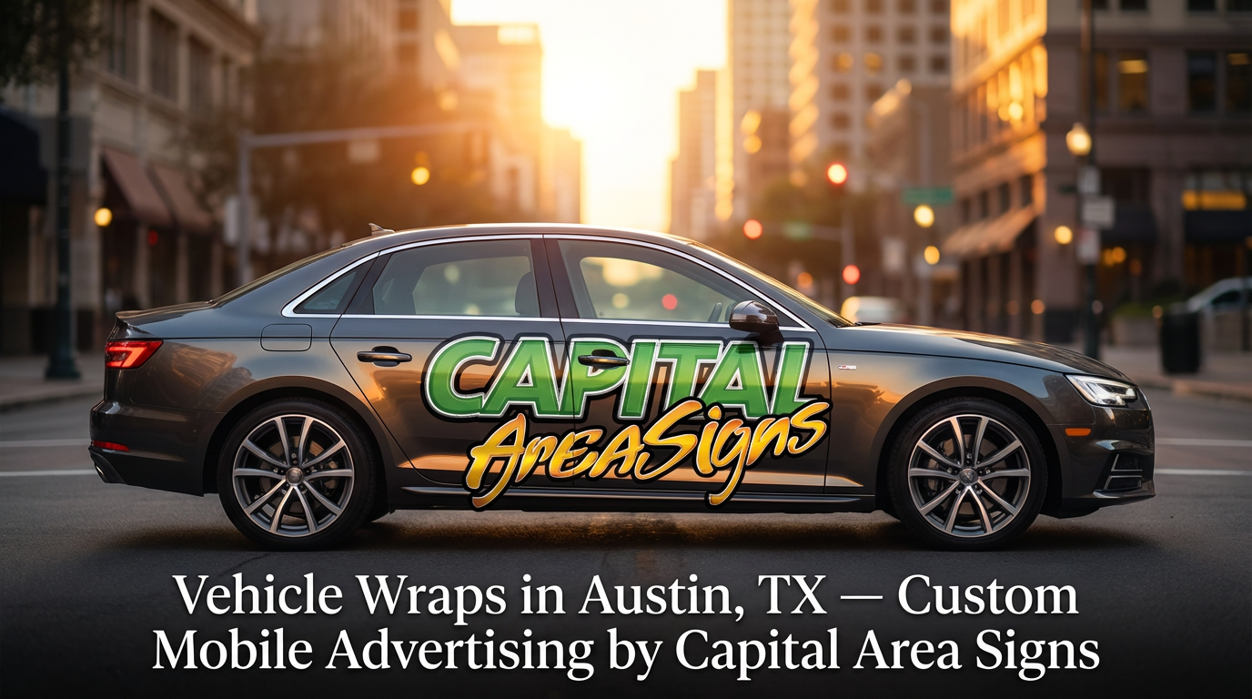 rofessional product photography of a dark gray Audi A4 sedan featuring custom vehicle wraps with the Capital Area Signs logo. The vibrant wrap displays "CAPITAL" in large bold green letters with dimensional effect and "AreaSigns" in flowing golden-yellow cursive script on the left side panels. The vehicle is positioned at a slight angle showing the front fender to rear bumper. Beautiful golden hour lighting with warm sunlight creating a soft glow and reflections on the vehicle surface. Urban city street background with blurred tall buildings and brick facades. Sharp focus on the wrapped sedan with strong bokeh effect in the background. White text overlay at bottom reading "Vehicle Wraps in Austin, TX — Custom Mobile Advertising by Capital Area Signs." High-quality commercial automotive photography showcasing professional vehicle wrap services in Austin, Texas during golden hour.