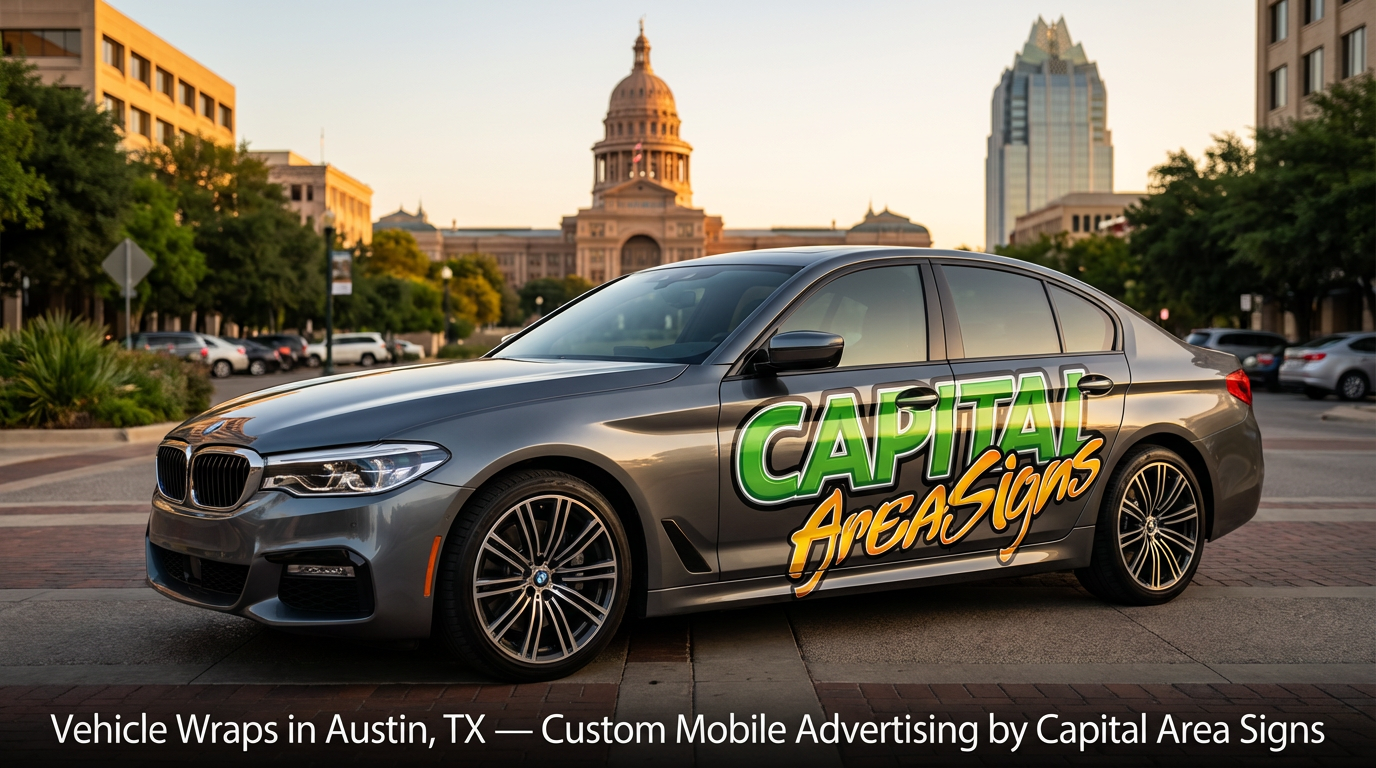 Professional product photography of a gray BMW 5 Series sedan featuring custom vehicle wraps with the Capital Area Signs logo. The wrap displays "CAPITAL" in bold green block letters and "Area Signs" in cursive orange-yellow letters on the side of the car. The vehicle is parked at an angle on a brick-patterned sidewalk. Late afternoon golden hour lighting with warm natural light creating subtle reflections. Urban Austin setting with the iconic Texas State Capitol building and Frost Bank Tower clearly visible in the background, along with brick pavement and city buildings. Sharp focus on the wrapped BMW with shallow depth of field bokeh effect. Dark banner at bottom with white text overlays reading "Vehicle Wraps in Austin, TX — Custom Mobile Advertising by Capital Area Signs." High-quality commercial automotive photography showcasing premium vehicle wrap services in Austin, Texas with recognizable local landmarks.