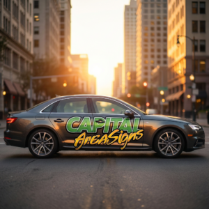 rofessional product photography of a dark gray Audi A4 sedan featuring custom vehicle wraps with the Capital Area Signs logo. The vibrant wrap displays "CAPITAL" in large bold green letters with dimensional effect and "AreaSigns" in flowing golden-yellow cursive script on the left side panels. The vehicle is positioned at a slight angle showing the front fender to rear bumper. Beautiful golden hour lighting with warm sunlight creating a soft glow and reflections on the vehicle surface. Urban city street background with blurred tall buildings and brick facades. Sharp focus on the wrapped sedan with strong bokeh effect in the background. White text overlay at bottom reading "Vehicle Wraps in Austin, TX — Custom Mobile Advertising by Capital Area Signs." High-quality commercial automotive photography showcasing professional vehicle wrap services in Austin, Texas during golden hour.