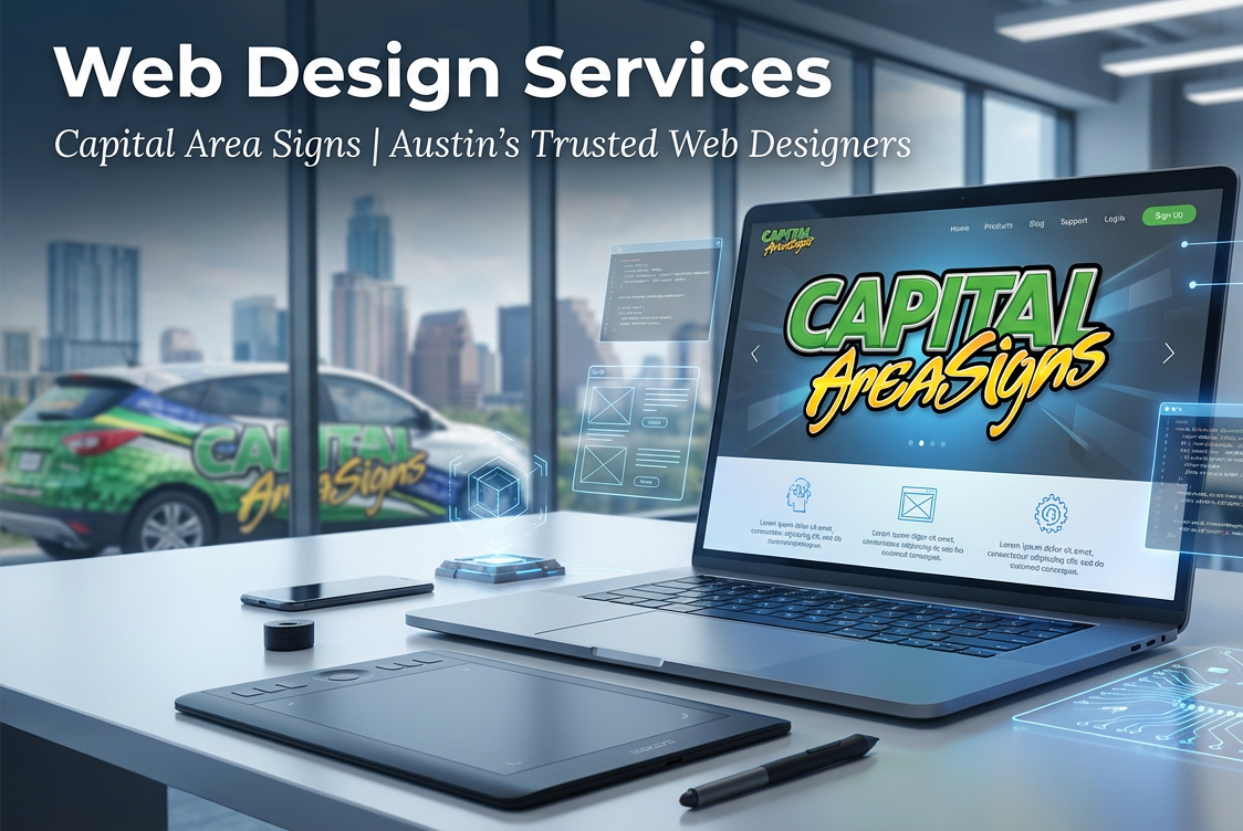 Professional marketing image for web design services by Capital Area Signs. Features a modern laptop displaying website design with the Capital Area Signs logo. The composition includes digital elements like code snippets, wireframes, and geometric tech patterns. Clean, modern aesthetic with blues and grays. Text overlays read "Web Design Services" and "Capital Area Signs | Austin's Trusted Web Designers." High-quality B2B marketing photography showcasing professional web design expertise in Austin, Texas.