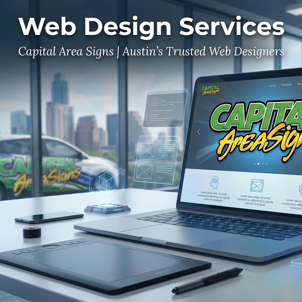 Professional marketing image for web design services by Capital Area Signs. Features a modern laptop displaying website design with the Capital Area Signs logo. The composition includes digital elements like code snippets, wireframes, and geometric tech patterns. Clean, modern aesthetic with blues and grays. Text overlays read "Web Design Services" and "Capital Area Signs | Austin's Trusted Web Designers." High-quality B2B marketing photography showcasing professional web design expertise in Austin, Texas.