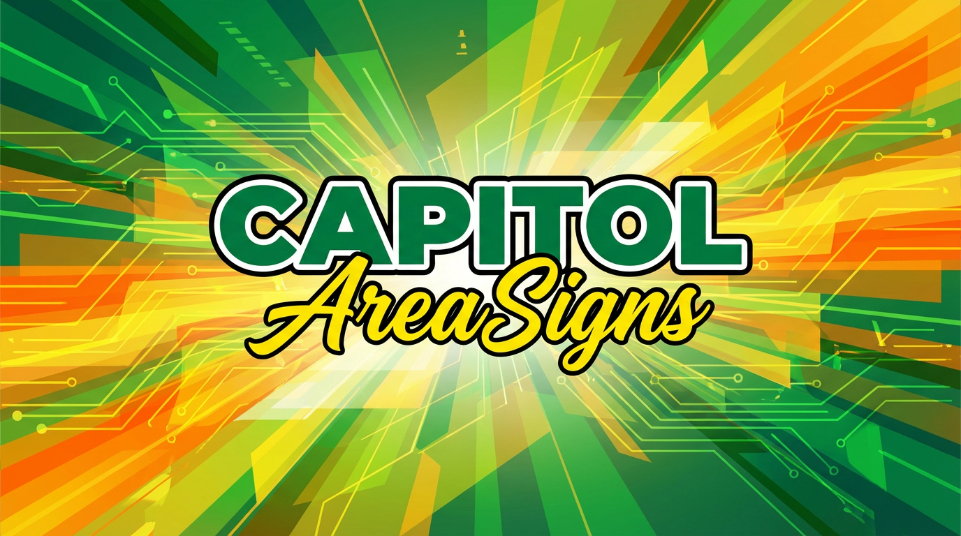 Bold, dynamic website homepage banner featuring CAPITOL AreaSigns logo prominently. Energetic design with overlapping geometric shapes, diagonal lines, and abstract patterns in vibrant green and yellow-orange gradient colors. Flowing lines create sense of movement. Vibrant gradient background. Aggressive, eye-catching, and contemporary style