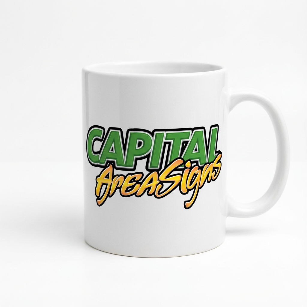 White ceramic mug featuring DTF transfer logo with green gradient "CAPITAL" text and orange gradient "AreaSigns" script applied on front, professional product photography