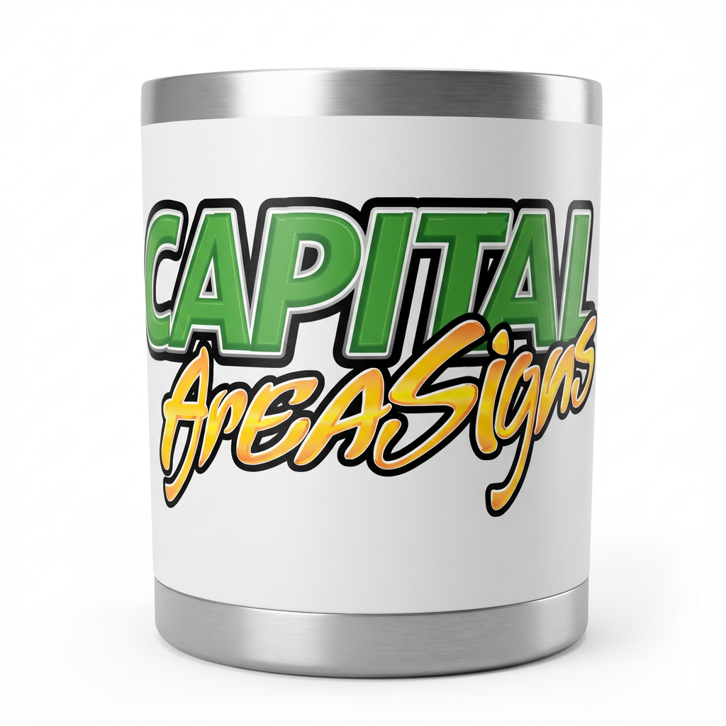 White stainless steel tumbler with DTF transfer showing green gradient "CAPITAL" and orange gradient "AreaSigns" logo on front center, clean white background