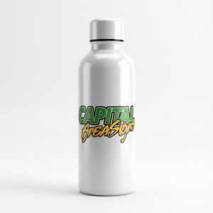 White metal water bottle with DTF transfer logo showing green gradient "CAPITAL" text and orange gradient "AreaSigns" script, placed on white surface
