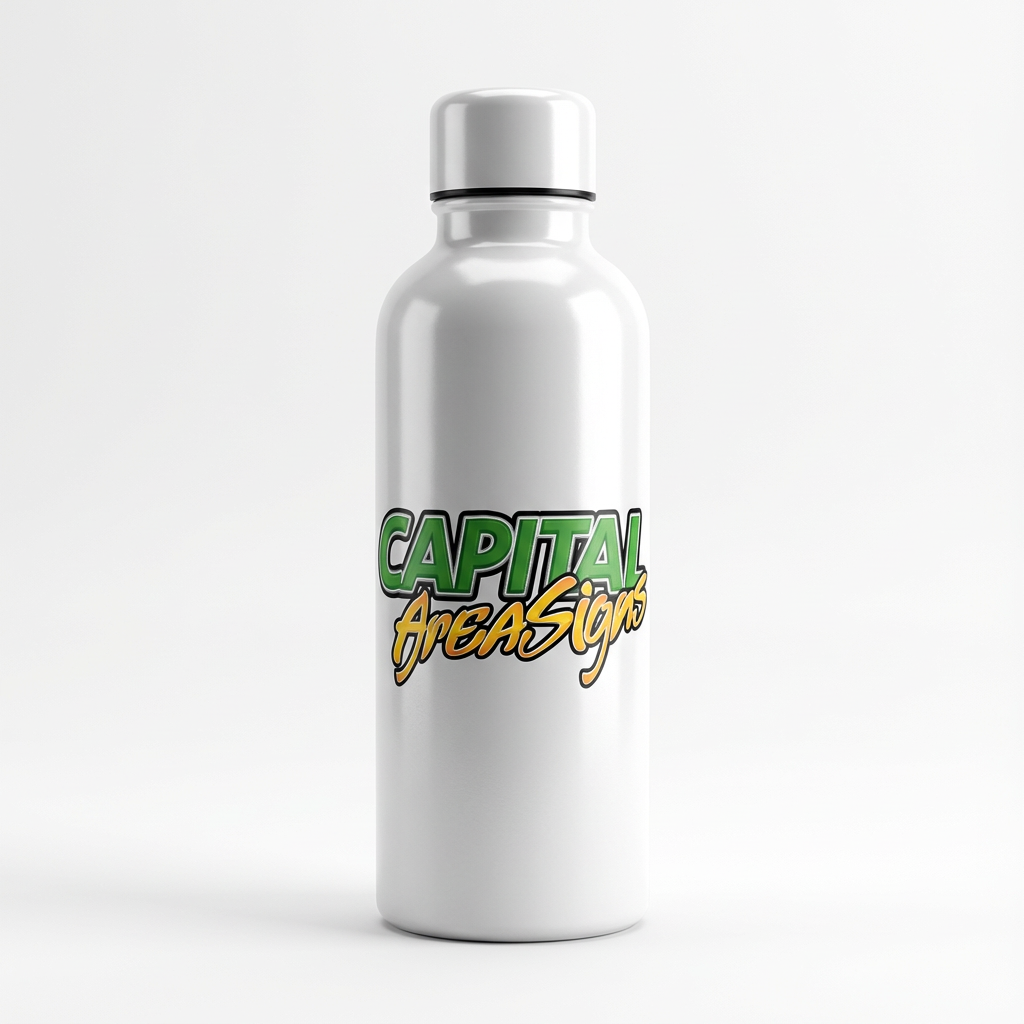 White metal water bottle with DTF transfer logo showing green gradient "CAPITAL" text and orange gradient "AreaSigns" script, placed on white surface