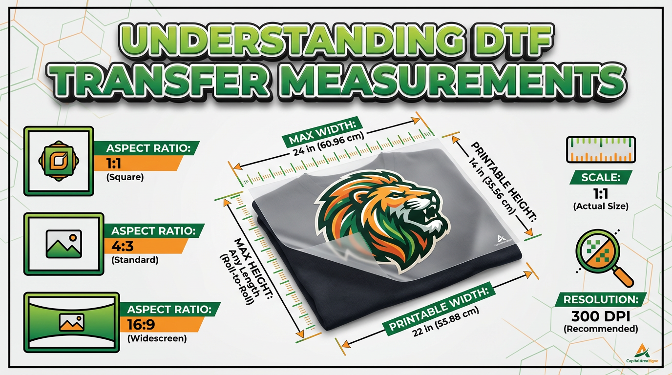 DTF transfer measurement guide showing aspect ratios, printable width and height, scale, and 300 DPI resolution setup