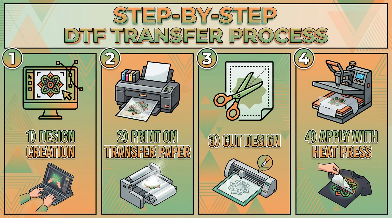 Step-by-step DTF transfer process showing design creation, printing on transfer film, cutting, and heat press application