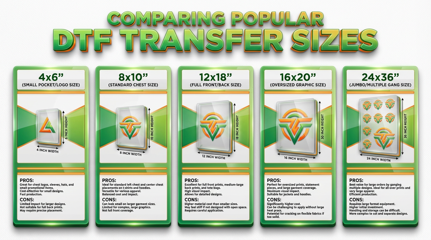 Comparison of popular DTF transfer sizes including 4x6, 8x10, 12x18, 16x20, and 24x36 dimensions for apparel printing