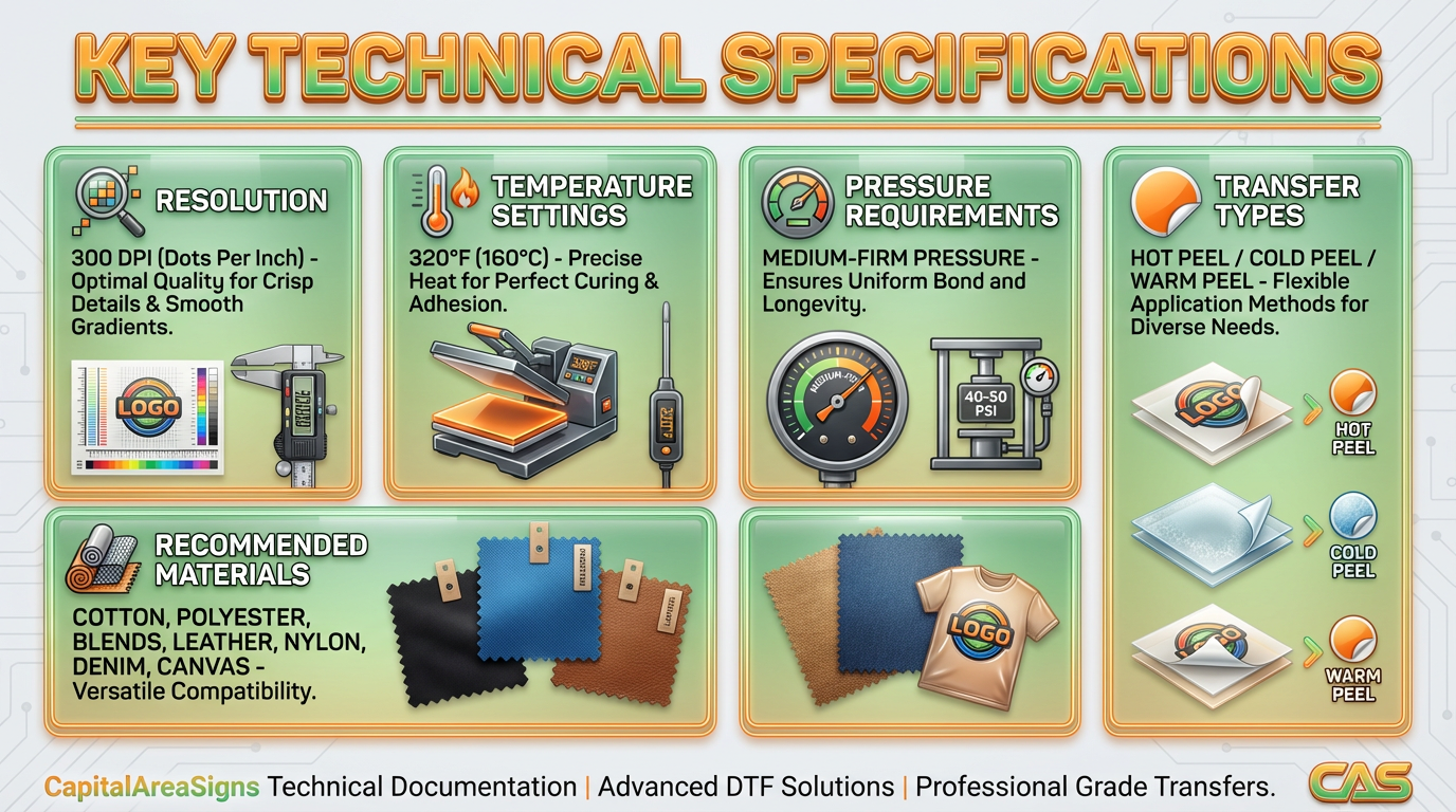 DTF transfer technical specifications showing resolution, temperature, pressure, materials, and peel methods for heat press application