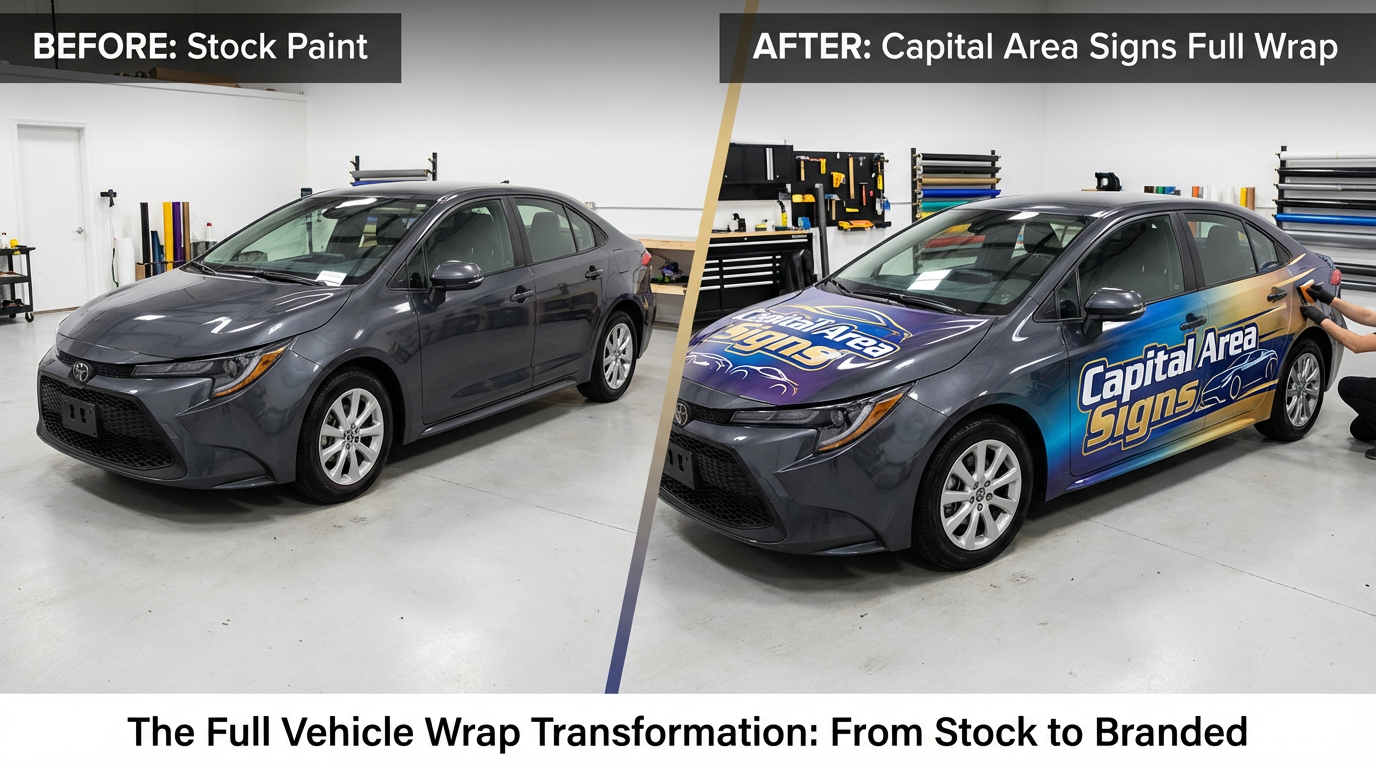 Before and after full vehicle wrap transformation by Capital Area Signs in Austin TX