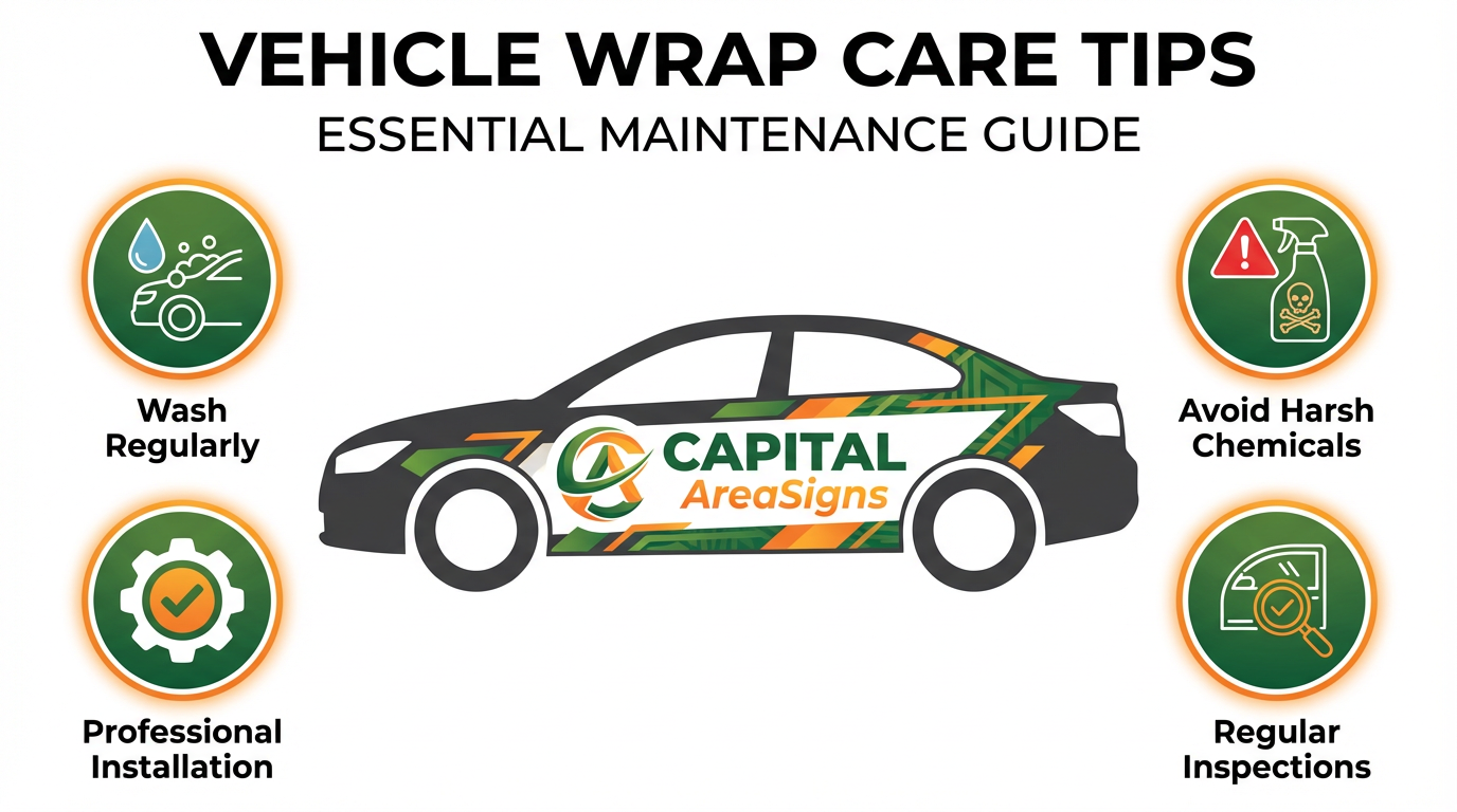 Vehicle wrap care tips infographic showing maintenance guide for custom vehicle wraps in Austin TX