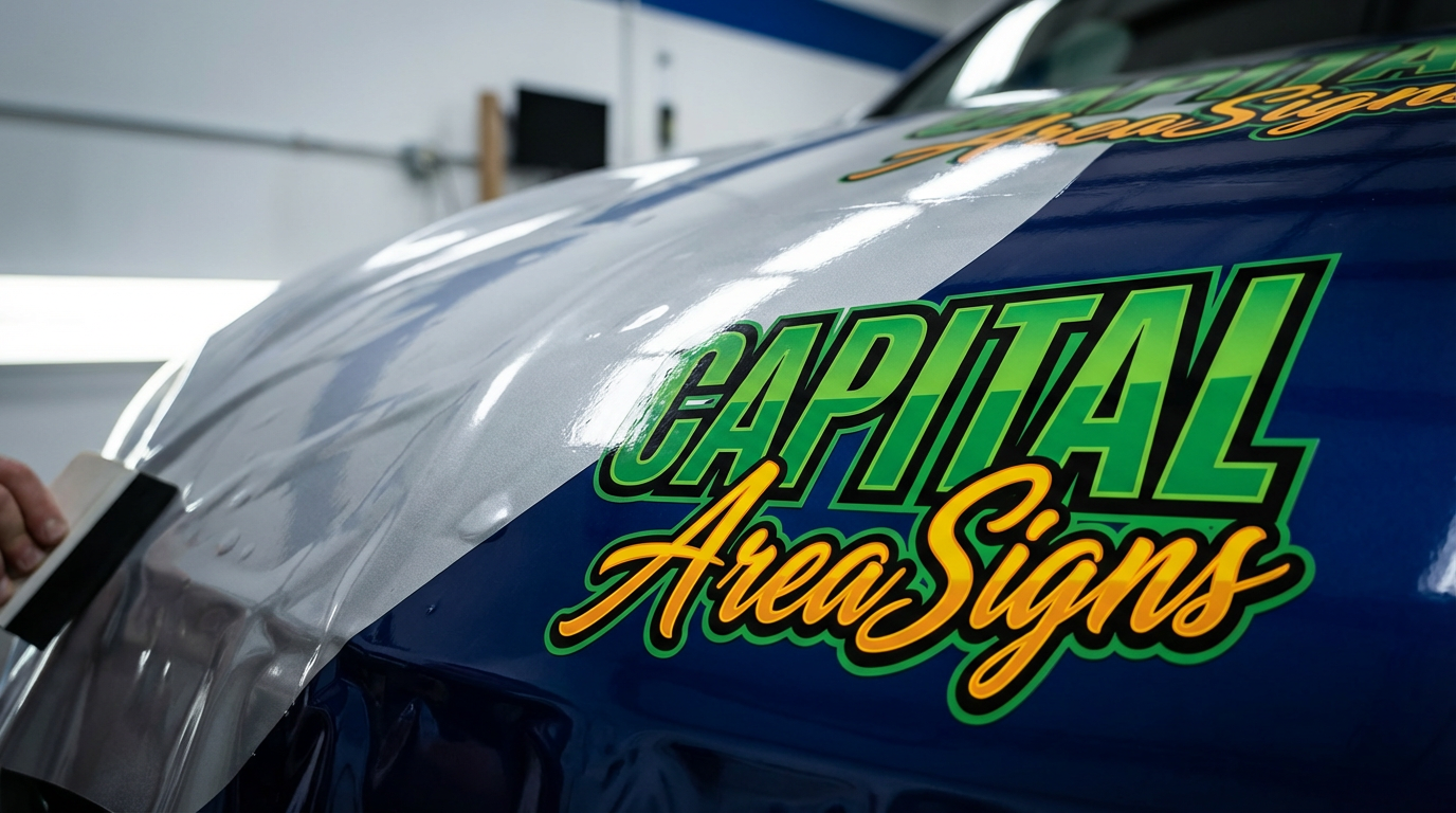 Close-up of vehicle wrap installation by Capital Area Signs in Austin TX