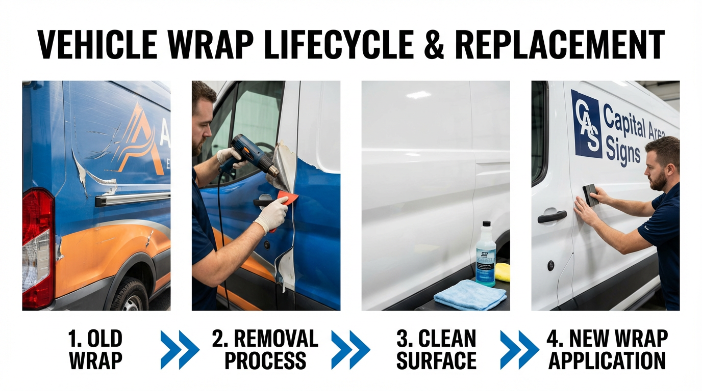 Vehicle wrap replacement process in Austin TX showing removal, surface cleaning, and new vinyl wrap installation