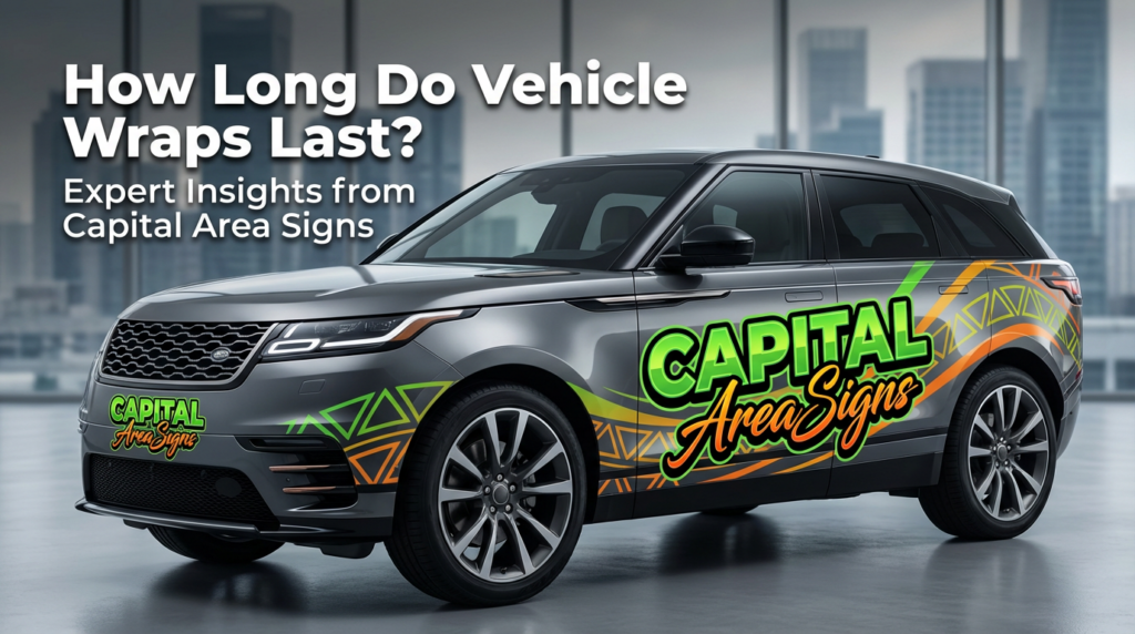 Professional blog hero image featuring a sleek modern vehicle with the Capital Area Signs logo applied as a high-quality vehicle wrap. The vehicle wrap displays the branding prominently on the side panel with "CAPITAL" in bright green with lighter green highlight and thick black outline, stacked above "AreaSigns" in orange-to-yellow gradient with cursive script styling and thick black outline. The wrap has a glossy, dimensional vinyl finish with professional application. The vehicle is positioned at three-quarter angle in a clean studio setting with dramatic lighting that showcases the wrap's reflective surface and 3D effects. The composition conveys quality, durability, and professional automotive branding services. Designed for an article about vehicle wrap longevity and expert insights from Capital Area Signs.