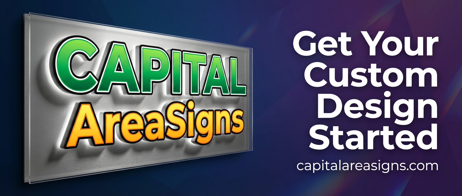 Website header banner for CAPITAL AreaSigns signage company. The design features a dimensional illuminated logo on the left side showing "CAPITAL" in bold green lettering and "AreaSigns" in orange-yellow font, both with black outlines and white backlighting on a brushed metallic panel. To the right, the tagline "Get Your Custom Design Started" is displayed in large white bold text, with "capitalareasigns.com" below it in smaller white text. The background shows a smooth gradient transitioning from deep blue on the left to rich purple on the right, with subtle geometric patterns and light effects. The overall aesthetic is professional, modern, and photorealistic with high-quality commercial photography style. Ultra-realistic rendering with dimensional elements and professional lighting