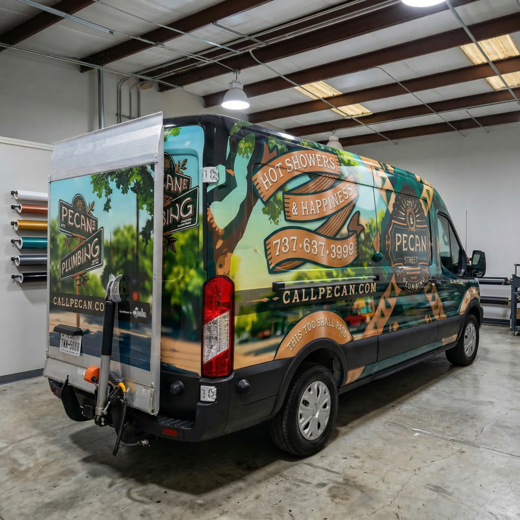 Pecan Street Plumbing service van with full custom vehicle wrap installed inside a professional wrap shop in Austin TX