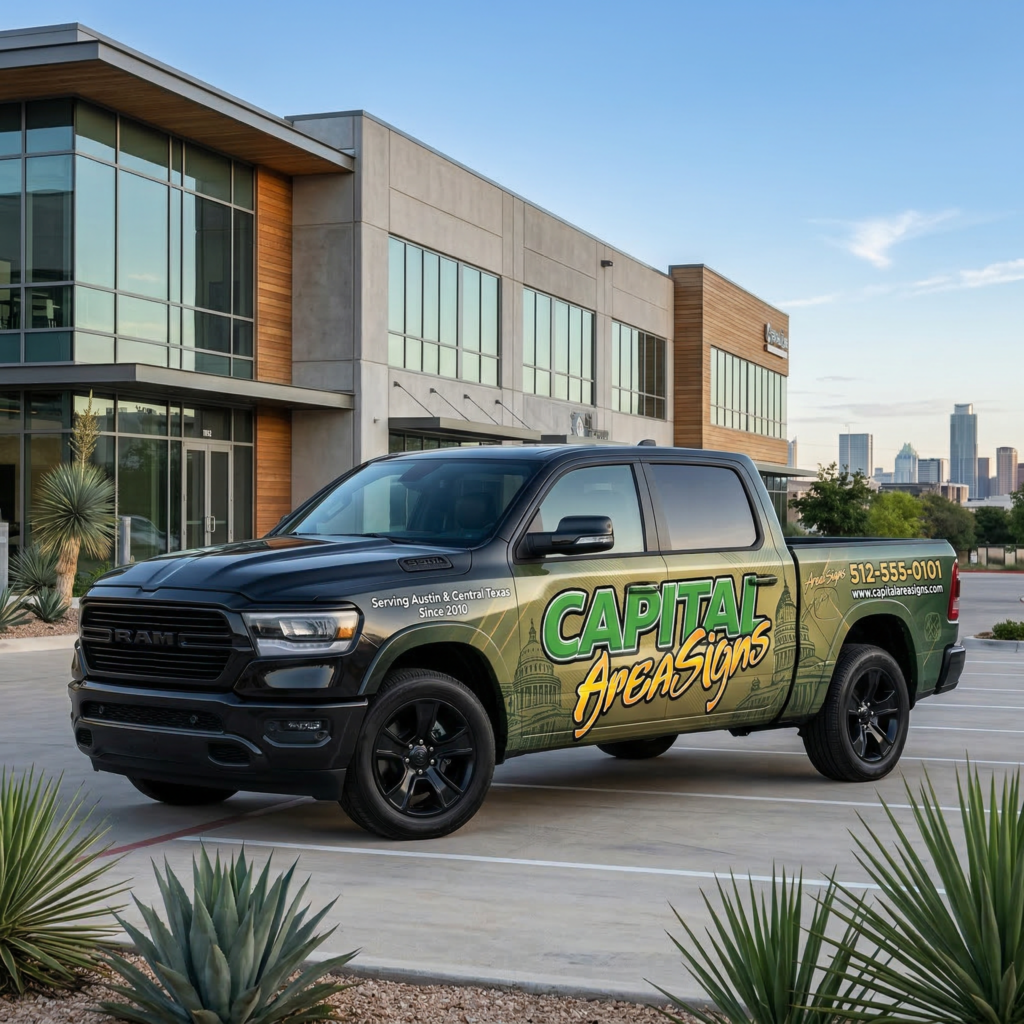 Capital Area Signs branded pickup truck vehicle wrap parked in Austin Texas promoting mobile business advertising